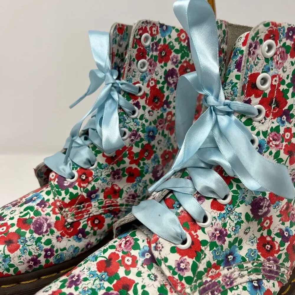 Dr. Marten Boots Women's Size 8 Blue Pascal Floral Print Ribbon Laces Combat - Picture 13 of 16